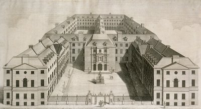 Southwarkissa sijaitsevan Guys Hospitalin lintuperspektiivinäkymä, jossa on hahmoja sisäpihalla, kaiverrettu William Henry Tomsin toimesta, noin 1756. tekijältä Robert West