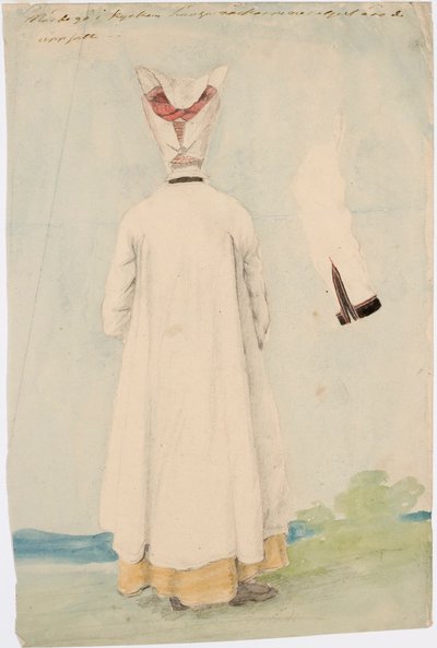 Kansallispukuinen selin seisova nainen tekijältä Robert Wilhelm Ekman