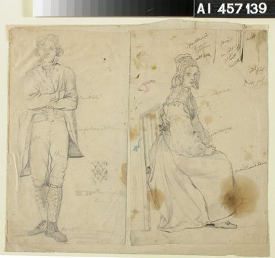 Mies kädet puuskassa ja nainen kansallispuvussa tekijältä Robert Wilhelm Ekman