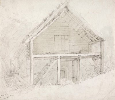 Olkikattoisen ja kivijalalla seisovan makasiinin pääty tekijältä Robert Wilhelm Ekman