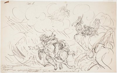Väinämöisen ampuminen, luonnos Kalevala-aiheiseen piirustussarjaan. tekijältä Robert Wilhelm Ekman