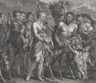 Diana palaa takaa-ajosta koirien ja nymfiensä seurassa vasemmalla, kaksi satyyriä..., n. 1808 tekijältä Robert de Launay