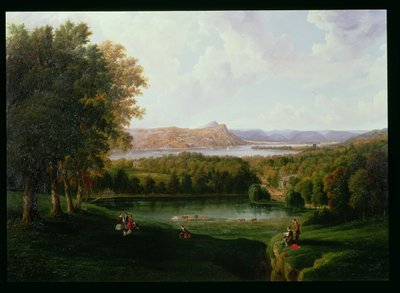 Näkymä Tarrytownista Hudson-joen vanhasta hollantilaisesta kirkosta ja Beckhamin kartanosta, 1866 tekijältä Robert the Younger Havell