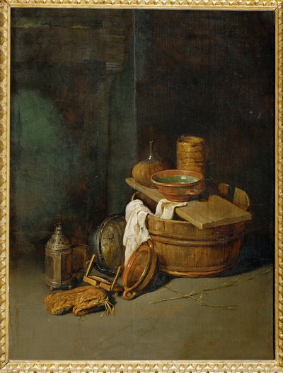 Asetelma kotitalousvälineillä (maalaus tammipuulle) tekijältä Robert van den Hoecke