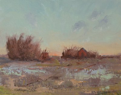 Granaries By The Slough, 2023 (öljy pellavapaneelille) tekijältä Roberta Murray