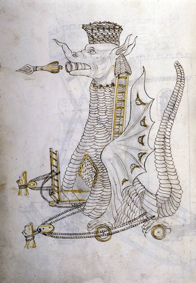 Sotataide: sotilaskoneiden tutkimus. ""Arabica machina"", arabikone kaupungin piirittämiseen, kuvitus insinööri Roberto Valturion (1413-1483?) teoksesta "De re Militari" tekijältä Roberto Valturio