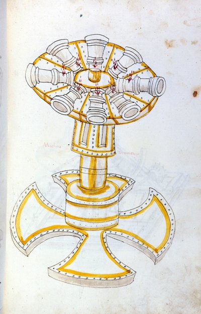 Sotataide: sotilaskoneiden tutkimus. pyörivä tykki, kuvitus teoksesta "De re Militari", insinööri Roberto Valturio (1405-1483?) tekijältä Roberto Valturio