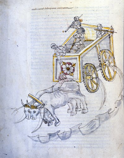 Sotataide: sotilaskoneiden tutkimus. viikateillä varustettu tankki, kuvitus insinööri Roberto Valturion (1405-1483?) teoksesta "De re Militari" tekijältä Roberto Valturio