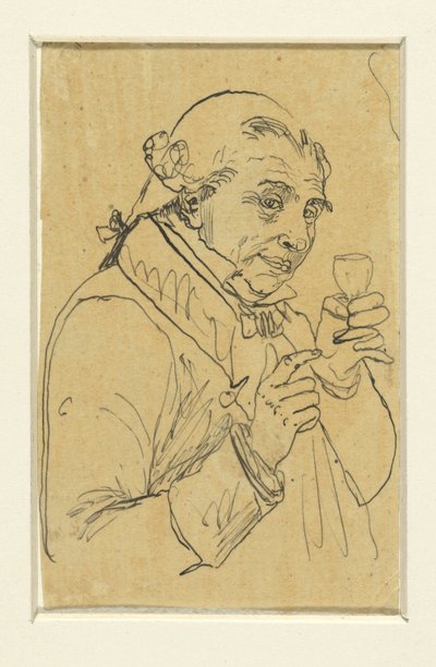 Alter Herr im 18. Jahrhundert Kostüm, in der linken Hand ein Glas Wein erhebend tekijältä Rodolphe Bresdin
