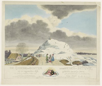 Jäätelö Ochtenissa, 1789 Jäävuori Ochtenissa Betuwen alaosassa; 24. tammikuuta jauhetun padon päällä ja sitä vasten. 1789 (otsikko esineessä) tekijältä Roeland van Eynden