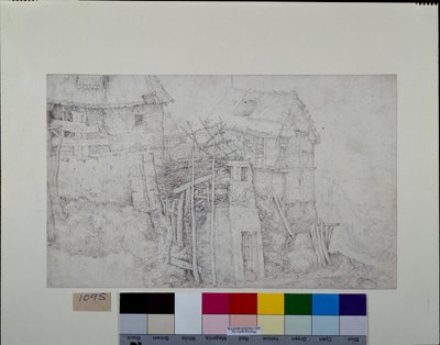 Olkikattoiset asunnot, osittain raunioina, vuorenrinteellä (kynä ja muste liidulla paperille) tekijältä Roelandt Jacobsz. Savery