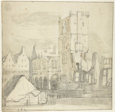 Amsterdamin vanhan kaupungintalon rauniot vuoden 1652 palon jälkeen tekijältä Roelant Roghman (attributed to)