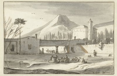 Vuoristoinen italialainen maisema, jossa on rotundakirkko tekijältä Roelant Roghman