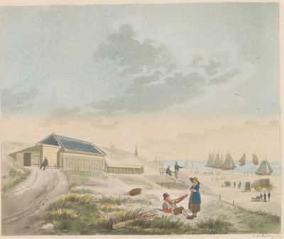 Ranta Scheveningenissä, noin 1825 Näkymä rannalle ja dyyneille Scheveningenissä ja Mr. Pronkin kylpylän esittely / Vue du rivage et des dunes a Scheveninge et representation des Bains appartement à mons.r Pronk (otsikko esineessä) tekijältä Roelof van der Meulen