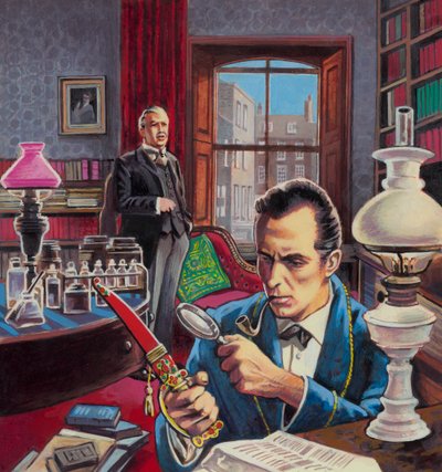 Sherlock Holmes työhuoneessaan (guassi paperille) tekijältä Roger (after) Payne