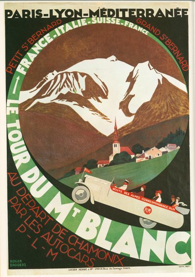 Roger Broders: Le Tour du Mont Blanc au départ de Chamonix par les Autocars P ... (litografia) tekijältä Roger Broders