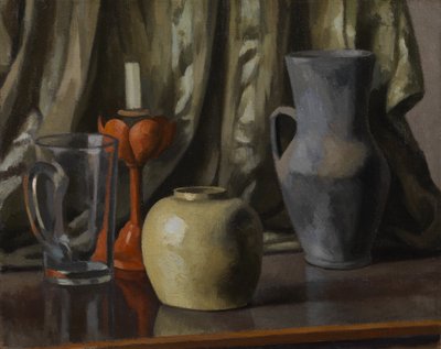 Asetelma kynttilän ja saviruukkujen kanssa tekijältä Roger Eliot Fry