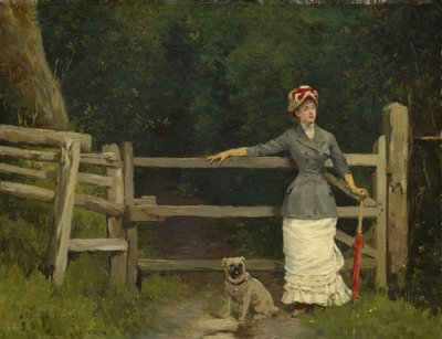 Nainen ja koira portilla, n. 1875?-80 tekijältä Roger Joseph Jourdain