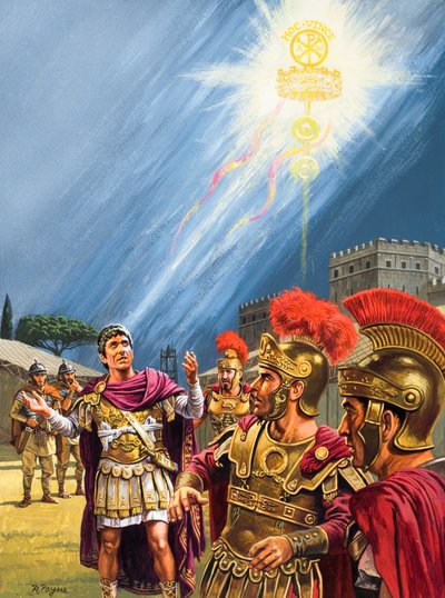 Konstantinuksen näkemys kristillisestä rististä ennen Milvian sillan taistelua (guassi paperille). tekijältä Roger Payne