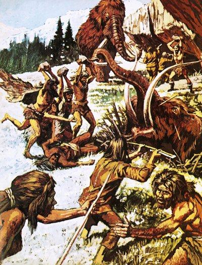 Mammuttien kimppuun hyökkäävät esihistorialliset miehet tekijältä Roger Payne