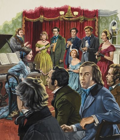 Robert Schumann (1810-1856) teostensa esittelytilaisuudessa (guassi paperille). tekijältä Roger Payne