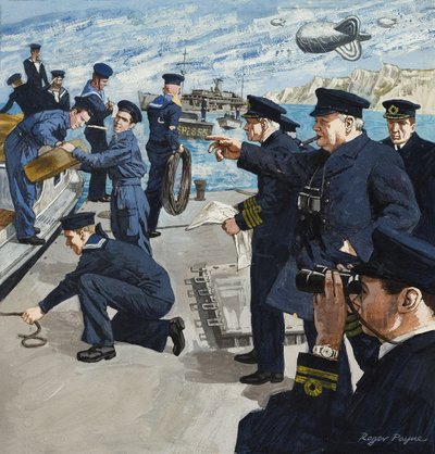 Winston Churchill (1874-1965) laivastokohtauksessa (guassi paperille) tekijältä Roger Payne