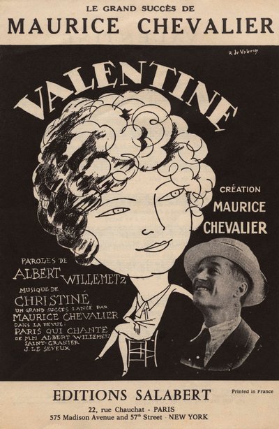 Maurice Chevalierin suuren menestyksen "Valentine" partituurin kansi Albert Willemetzin sanat Christine Salabertin musiikki, n.1925 (tuloste). tekijältä Roger de Valerio