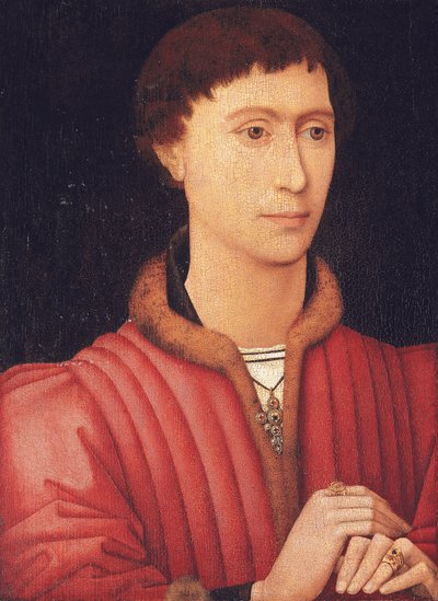 Nuoren miehen muotokuva, rinnanympärys, turkisreunustaisessa punaisessa kaksoiskappaleessa, n. 1450-60 (öljy paneelille) tekijältä Rogier van der (circle of) Weyden