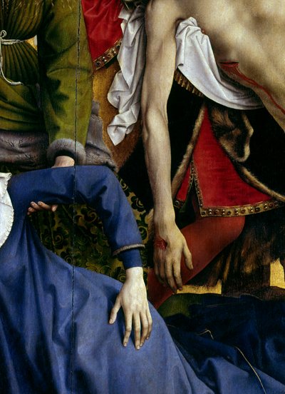 Ristin laskeutuminen tai laskeutuminen. Yksityiskohta kadonneen neitsyen kädestä ja Kristuksen kädestä. Rogier Alttaritaulu (Roger) Van Der Weyden (1400-1464) 1435 Dim. 2,20 x 0,35 m Madrid, Prado-museo tekijältä Rogier van der Weyden