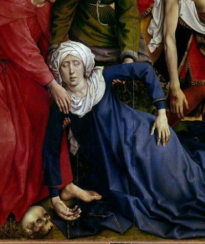 Ristin laskeutuminen tai laskeutuminen. Yksityiskohta kadonneesta neitsyestä. Rogier Alttaritaulu (Roger) Van Der Weyden (1400-1464) 1435 Dim. 2,20 x 0,35 m Madrid, Musee du Prado - Laskeuma tai laskeutuminen ristiltä. Yksityiskohta Neitsyen pyörtymisestä. tekijältä Rogier van der Weyden