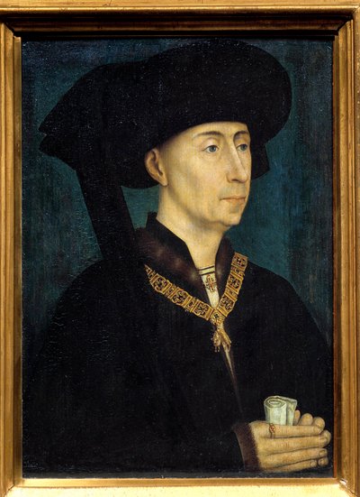 Muotokuva Philip III:sta Burgundiasta nimeltä Philip the Good (1396-1467) Hänellä on kultaisen fleecen ritarikunnan kunniamerkki. Roger (Rogier) van der Weydenin (1400-1464) maalaus 1445 Dim. 0,31x0,23 m Dijon, musee des Beaux Arts - Philip II:n muotokuva tekijältä Rogier van der Weyden