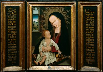 Salve Regina (Salve, O Queen, katolinen rukous), esitys neitsyestä ja lapsesta pitelemässä päärynää (öljy puulle) tekijältä Rogier van der Weyden
