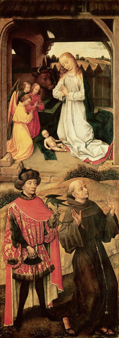 Golgatan triptyykki (vasemmalla paneelilla, syntymäkirkko yläosassa, pyhä Franciscus Assisilainen ja mahdollisesti Pyhän Julianus sairaalanhoitaja alaosassa) tekijältä Rogier van der Weyden
