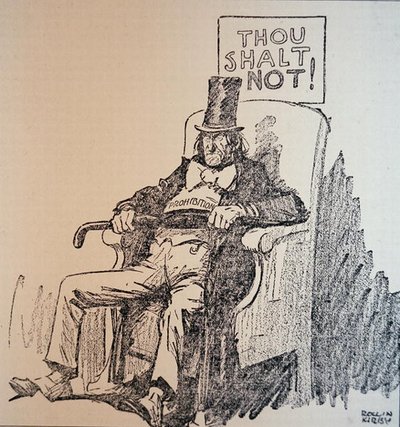 "Et saa", sarjakuva, joka tuomitsee alkoholin käytön Amerikan kieltoaikakaudella (1920-33) (litho) tekijältä Rollin Kirby