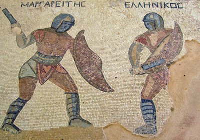 Taistelu kahden gladiaattorin välillä, House of the Gladiators, Kourion, Kypros (mosaiikki) tekijältä Roman
