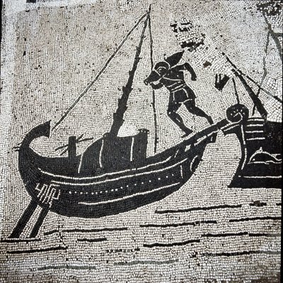 Cagliarin laiva palaamassa Ostian satamaan (mosaiikki tekijältä Roman