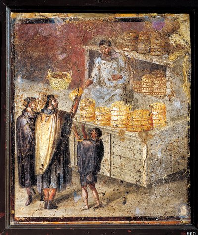 Muinainen roomalainen fresko, jossa lahjoitetaan leipää tekijältä Roman