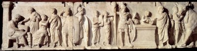 Muinainen Rooma: Domitius Ahenobarbuksena tunnettu reliefi, väestönlaskennan jakso: kansalaisten rekisteröinti ja uhri Mars-jumalalle. Noin 100 eaa. Aurinko 2 m. Pariisi, Louvre-museo tekijältä Roman