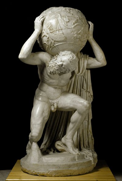 Atlas Farnese Atlas, jossa on taivaanpallo, joka symboloi aikakauden tähtitieteellistä tietoa. Roomalainen marmoriveistos kreikkalaisen alkuperäisen mukaan. 2. vuosisadalla. Himmeä. 191 cm Museo Archeologico Nazionale, Napoli tekijältä Roman