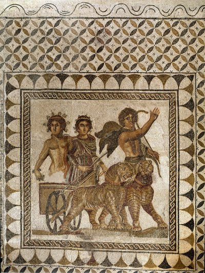 Bacchus tiikerien vetämissä vaunuissa, 3. vuosisata (mosaiikki) tekijältä Roman
