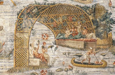 Juhla pergolan alla, yksityiskohta Nilotic-mosaiikista Niilin tulvista Egyptissä, Fortuna Primigenian pyhäköstä Palestrinassa, Lazio, Italia, roomalainen sivilisaatio tekijältä Roman