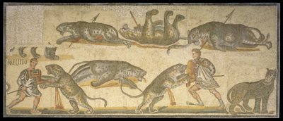 Taistelu gladiaattorien ja villikissojen välillä, 320 jKr (mosaiikki) tekijältä Roman