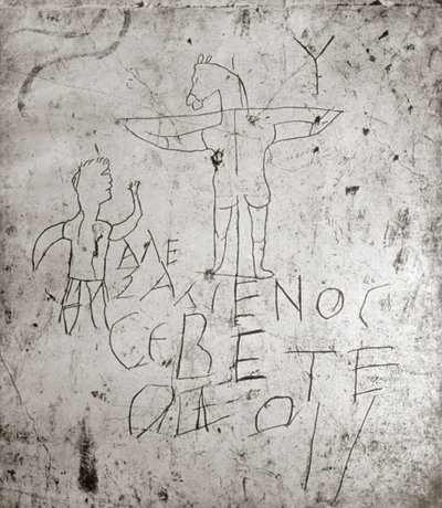 Jumalaa pilkkaava graffito ristiinnaulitsemisesta (kivi) tekijältä Roman