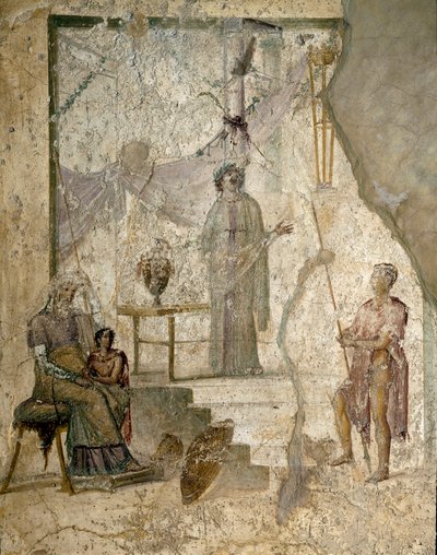 Cassandra profetoi Troijan kaatumisen, hänen isänsä Priam istuu vasemmalla, hänen veljensä Paris, pitelemässä riidan omenaa ja soturi nojaa keihään (luultavasti Hector) - Fresco tekijältä Roman