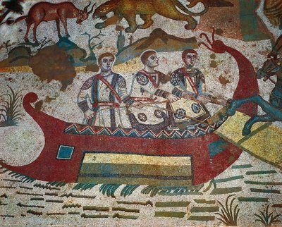 Yksityiskohta Great Hunt -mosaiikista, Villa Romana del Casale, Piazza Armerina, Sisilia, Italia, 4. vuosisadalla tekijältä Roman