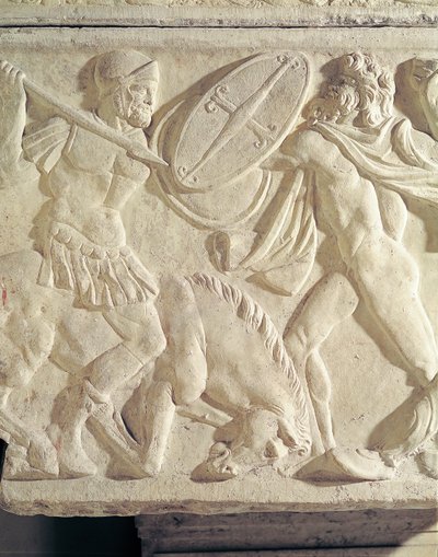 Yksityiskohta sarkofagista, jossa roomalainen sotilas taistelee galatialaista kiveä vastaan. tekijältä Roman