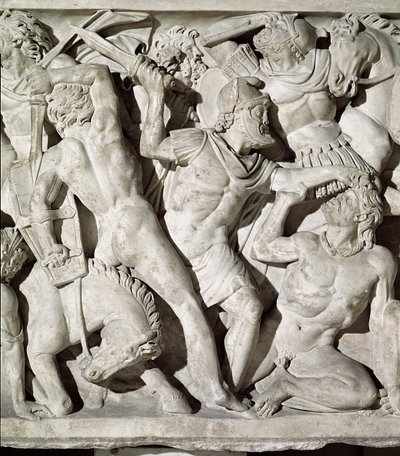 Yksityiskohta sarkofagista, joka kuvaa roomalaisten ja galatalaiskiven välistä taistelua. tekijältä Roman