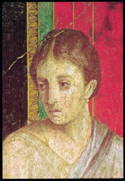 Yksityiskohta istuvan äidin päästä, katekismuskohtauksesta, pohjoisseinä, Oecus 5, 60-50 eKr. ks. myös 20015. tekijältä Roman