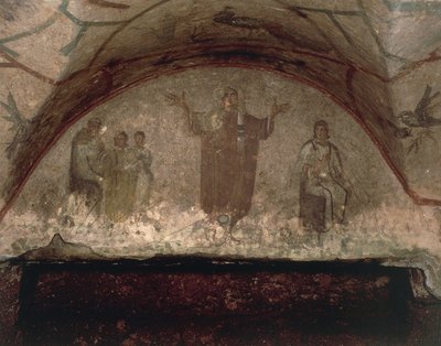 Figuuri nuoresta naisesta, jolla on verhottu pää, joka rukoilee kädet ojennettuina, Via Salaria (fresko) tekijältä Roman
