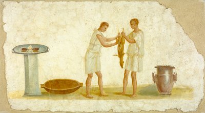 Freskopaneelin katkelma, jossa on aterianvalmistus, noin 100-150. tekijältä Roman